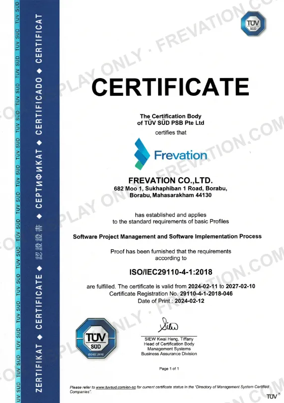 ใบรับรอง ISO/IEC 29110-4-1:2018 ของบริษัท ฟรีเวชั่น จำกัด ออกโดย TÜV SÜD PSB